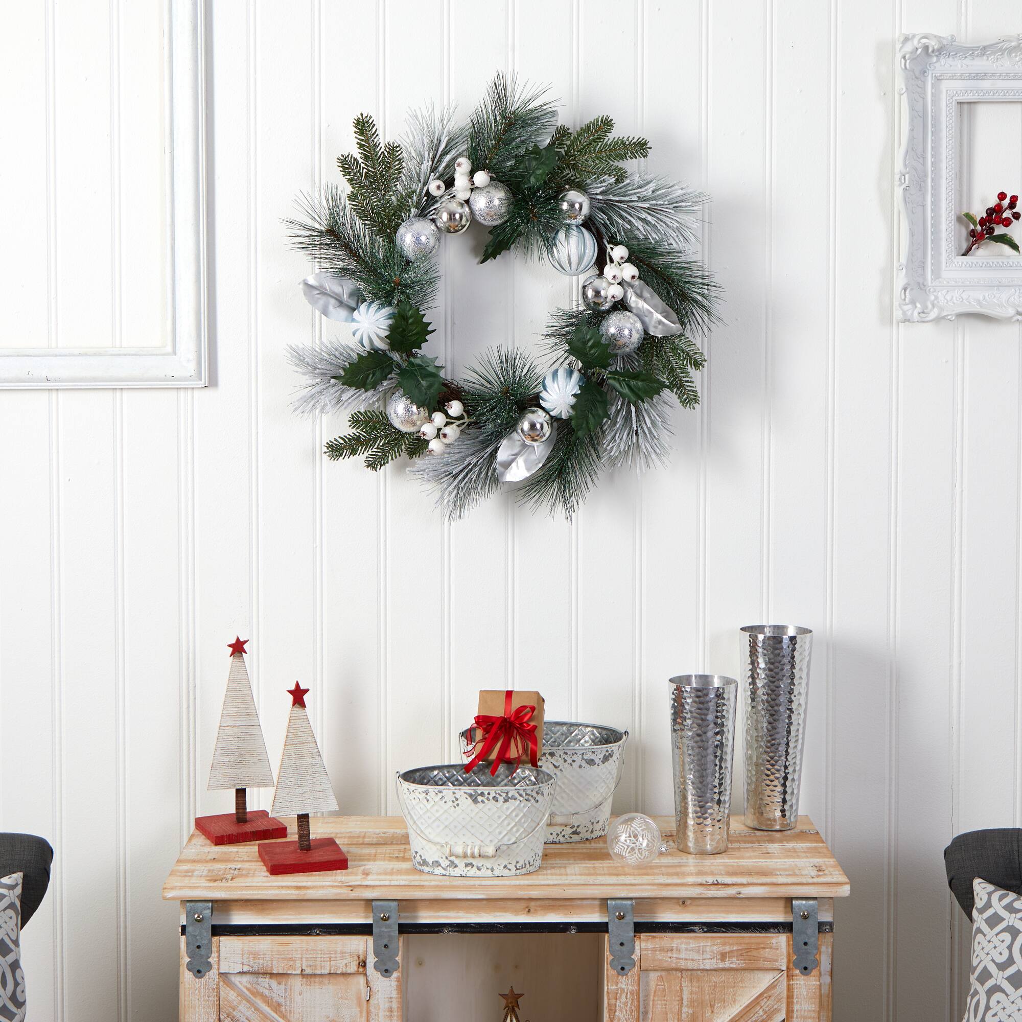 24" Pinecones & Berries Christmas Wreath with Silver Ornaments